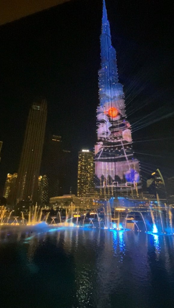 Burj Khalifa and Dubai Fountains view from the Time Out Market terrace