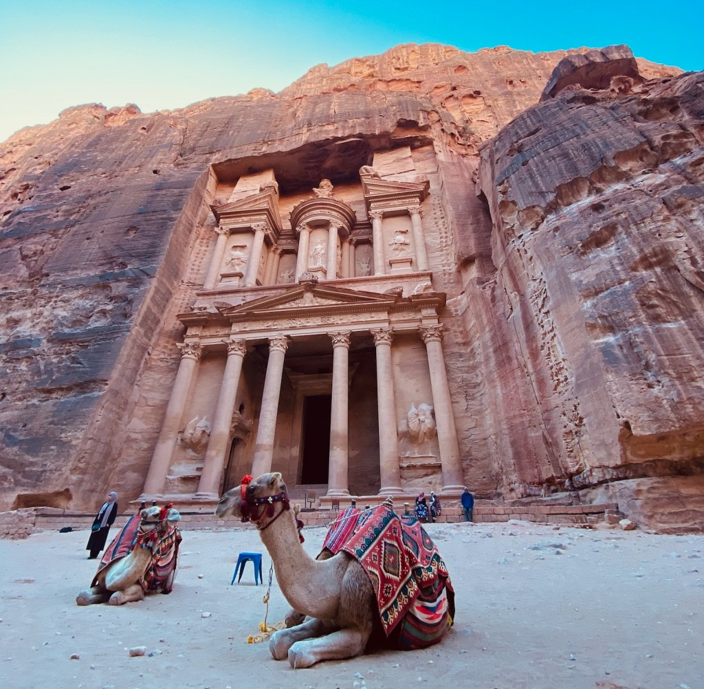 Camels in front of the Treasury in Petra.